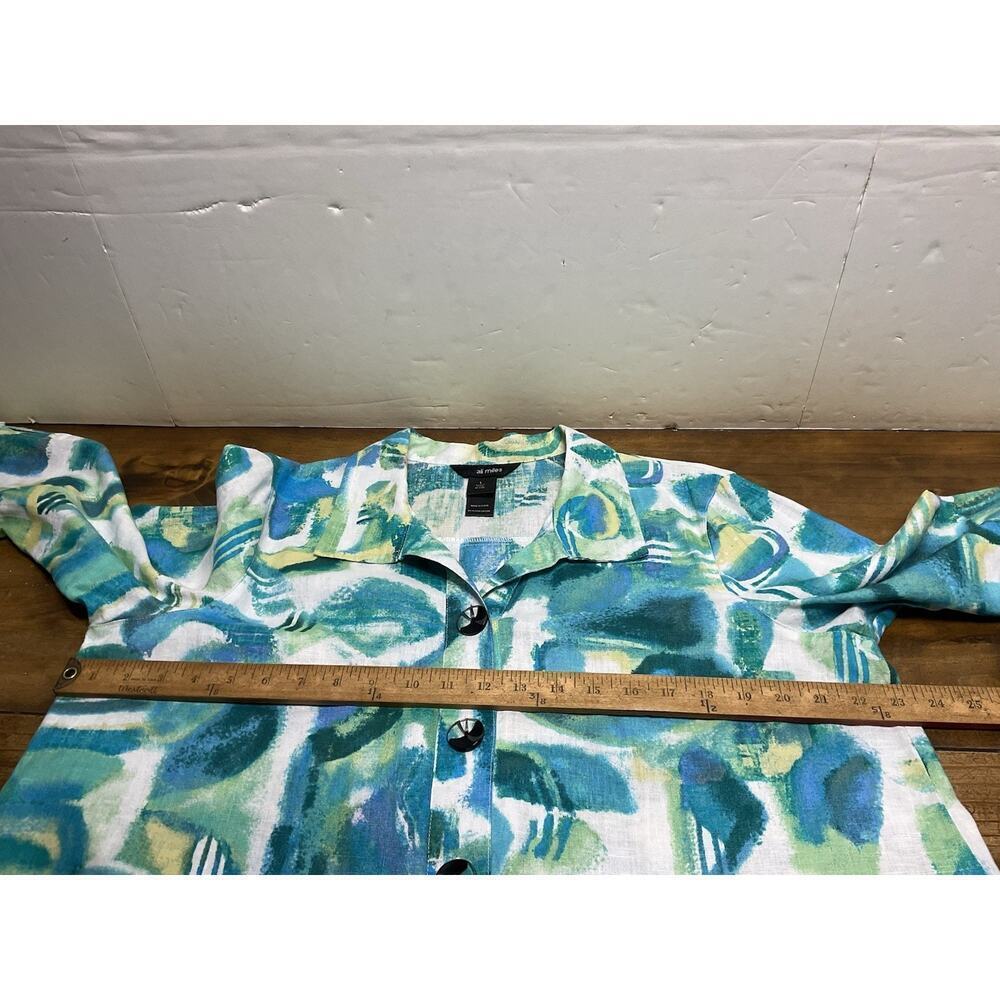 Ali Miles Button Front Tunic Top Linen Blend Blue Green Watercolor Abstract Sz L - Picture 5 of 10